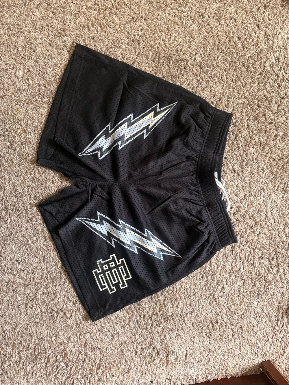 Eric Emanuel Black Mesh Athletic Shorts with Silver Lightning Motif